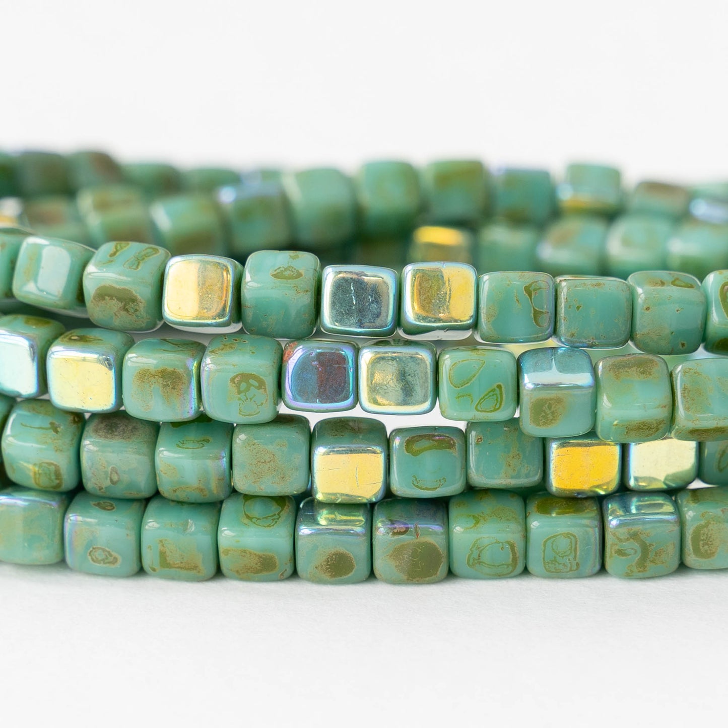 4mm Glass Cube Beads - Turquoise Picasso AB - 40 beads