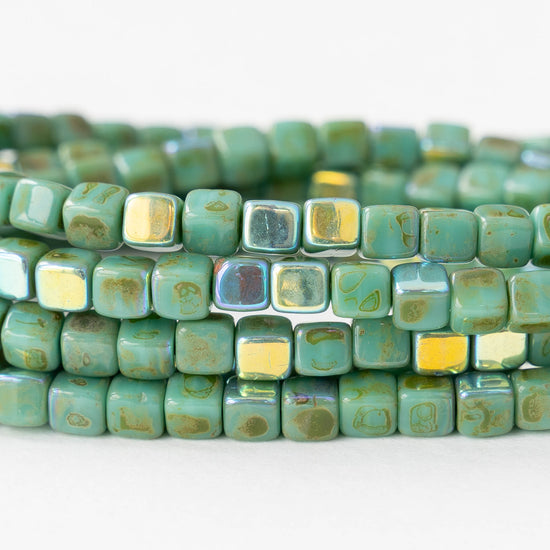 4mm Glass Cube Beads - Turquoise Picasso AB - 40 beads