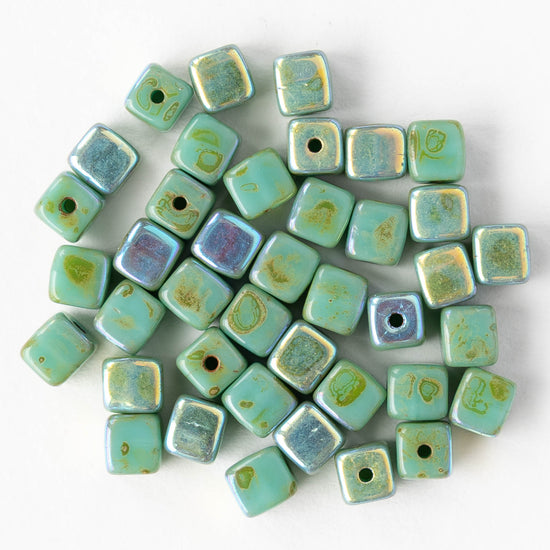 4mm Glass Cube Beads - Turquoise Picasso AB - 40 beads
