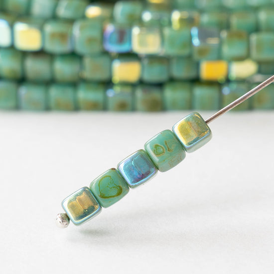 4mm Glass Cube Beads - Turquoise Picasso AB - 40 beads