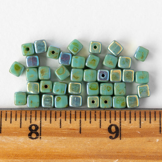 4mm Glass Cube Beads - Turquoise Picasso AB - 40 beads
