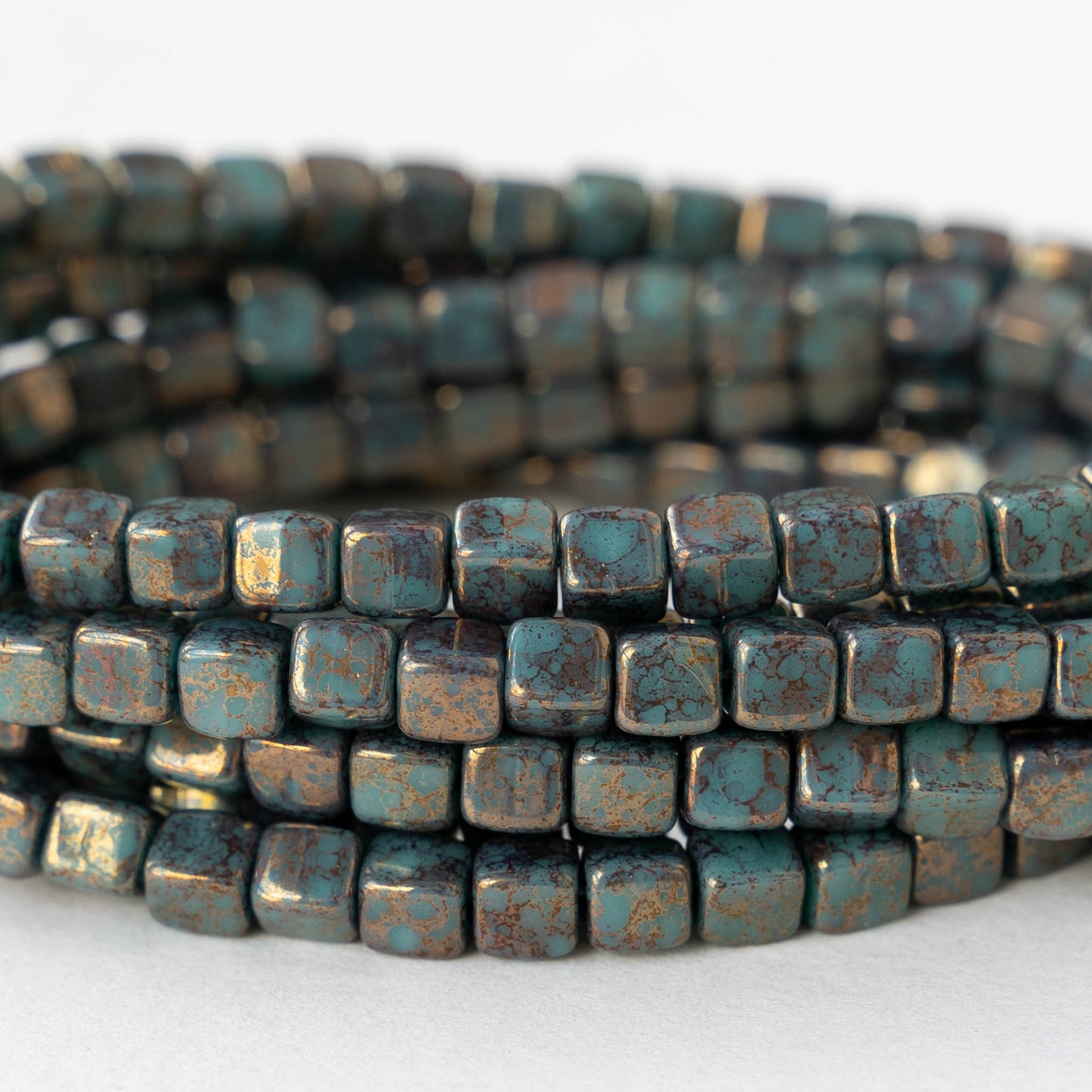 4mm Glass Cube Beads - Opaque Turquoise with Bronze Picasso- 40 beads