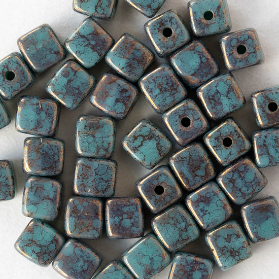 4mm Glass Cube Beads - Opaque Turquoise with Bronze Picasso- 40 beads