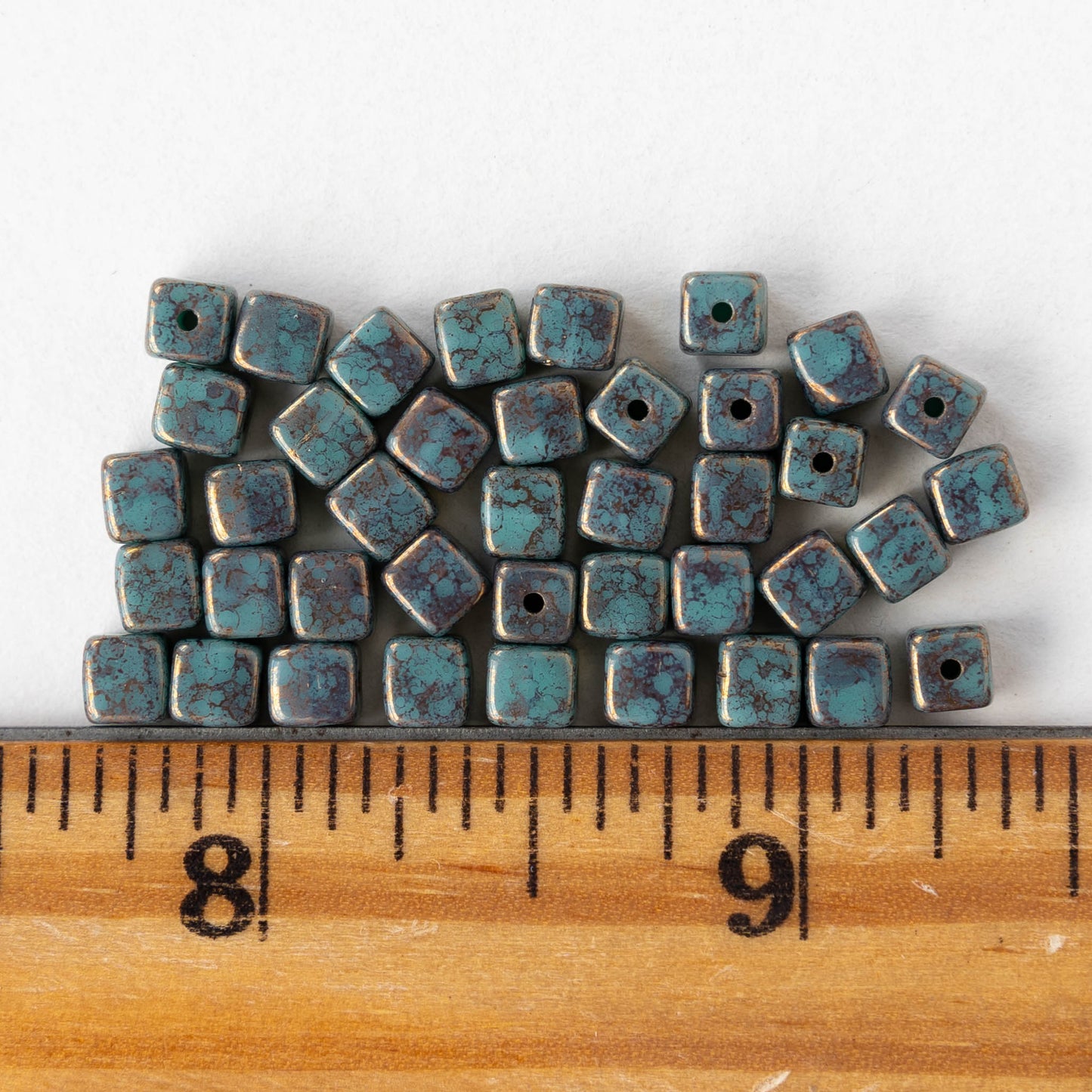 4mm Glass Cube Beads - Opaque Turquoise with Bronze Picasso- 40 beads