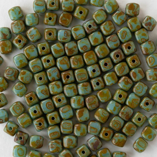 4mm Glass Cube Beads - Opaque Turquoise Picasso - 50 or 100 beads