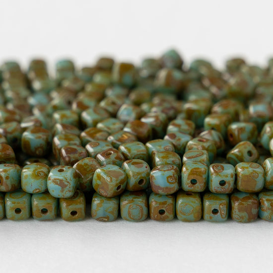 4mm Glass Cube Beads - Opaque Turquoise Picasso - 50 or 100 beads