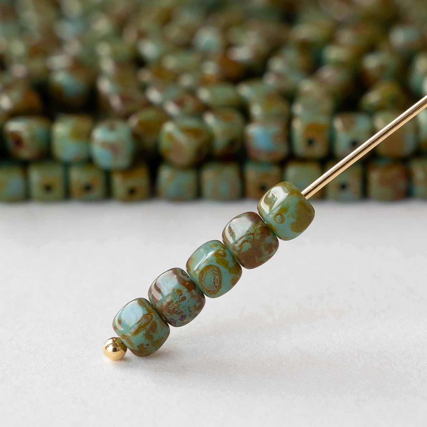 4mm Glass Cube Beads - Opaque Turquoise Picasso - 50 or 100 beads