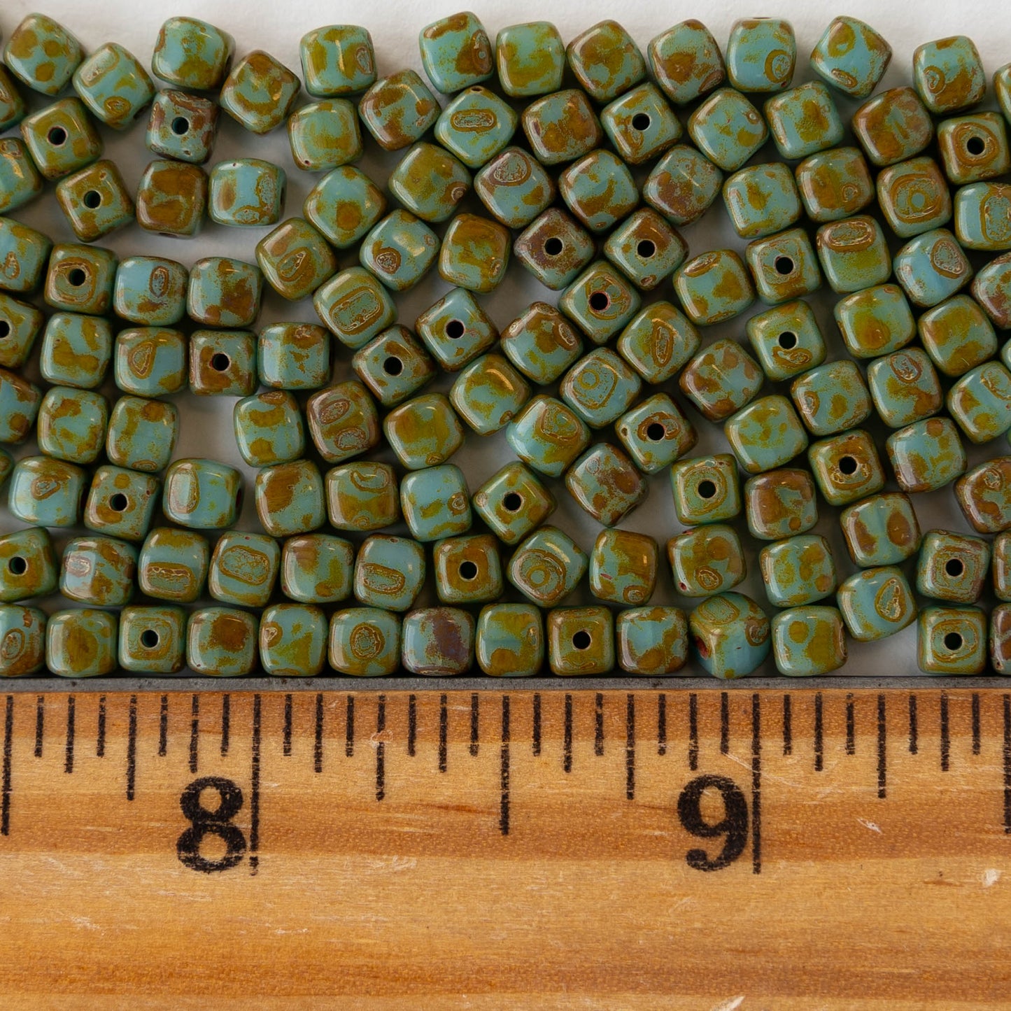 4mm Glass Cube Beads - Opaque Turquoise Picasso - 50 or 100 beads