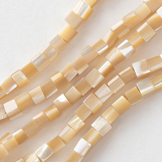 4mm Natural Mother Of Pearl Cube Beads - Beige Shell - 16 Inch Strand