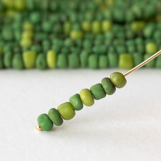 4mm Rustic Indonesian Glass Seed Beads - Opaque Green - Whole or Half Strand