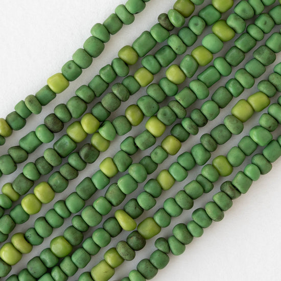 4mm Rustic Indonesian Glass Seed Beads - Opaque Green - Whole or Half Strand