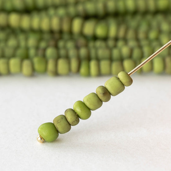 4mm Rustic Indonesian Glass Seed Beads - Opaque Light Green Green - Whole or Half Strand