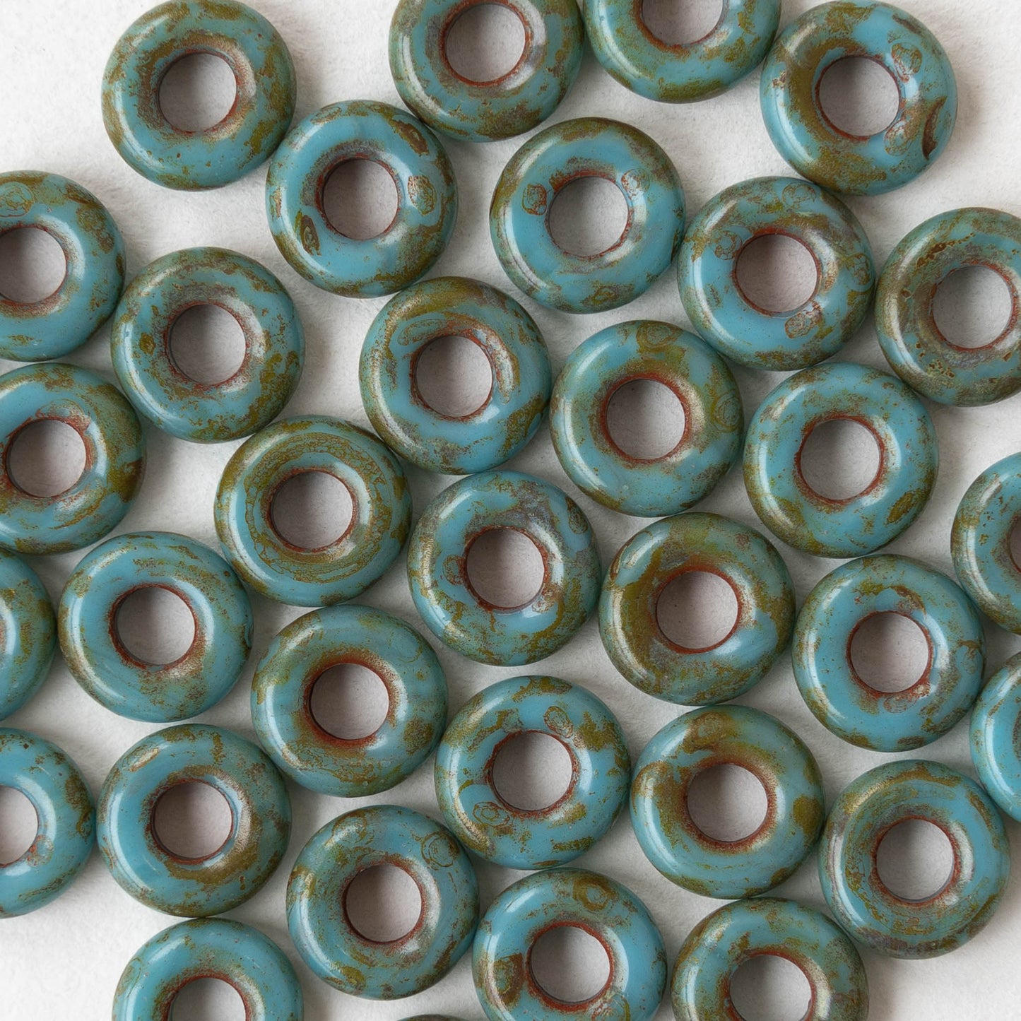 10mm Glass Ring Beads - Opaque Turquoise Travertine - 20 Beads