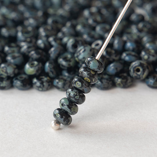 4mm Rondelle Beads - Opaque Black Picasso - 10 Grams