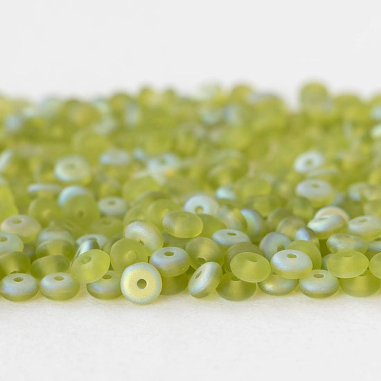 4mm Glass Rondelle Beads - Matte Green AB - 100 Beads