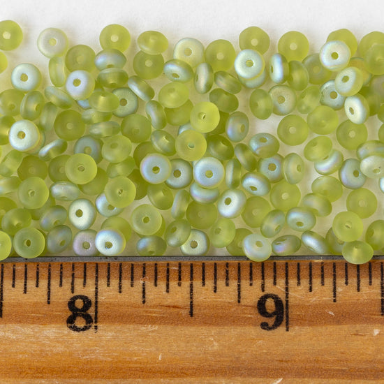 4mm Glass Rondelle Beads - Matte Green AB - 100 Beads