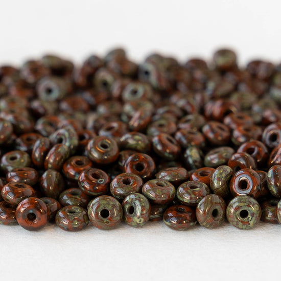 4mm Glass Rondelle Beads - Opaque Red Picasso - 100 Beads