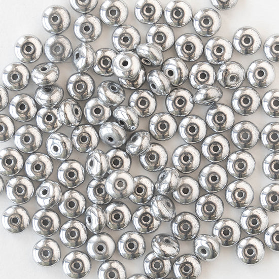 4mm Glass Rondelle Beads - Silver - 100 Beads