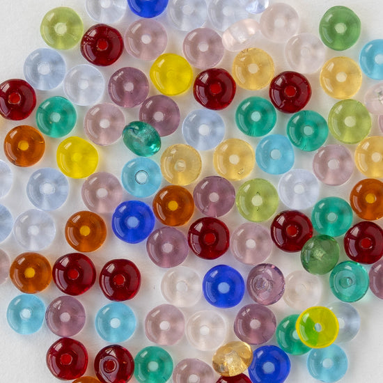 4mm Glass Rondelle Beads - Transparent Color Mix - 100 beads