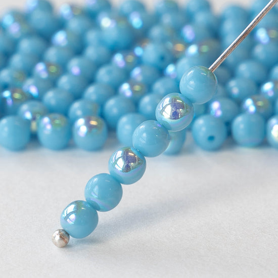 4mm Round Glass Beads - Opaque Aqua Blue AB - 120