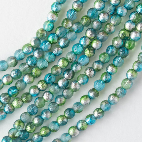 4mm Round Glass Beads - Blue Green Silver - 50 Beads