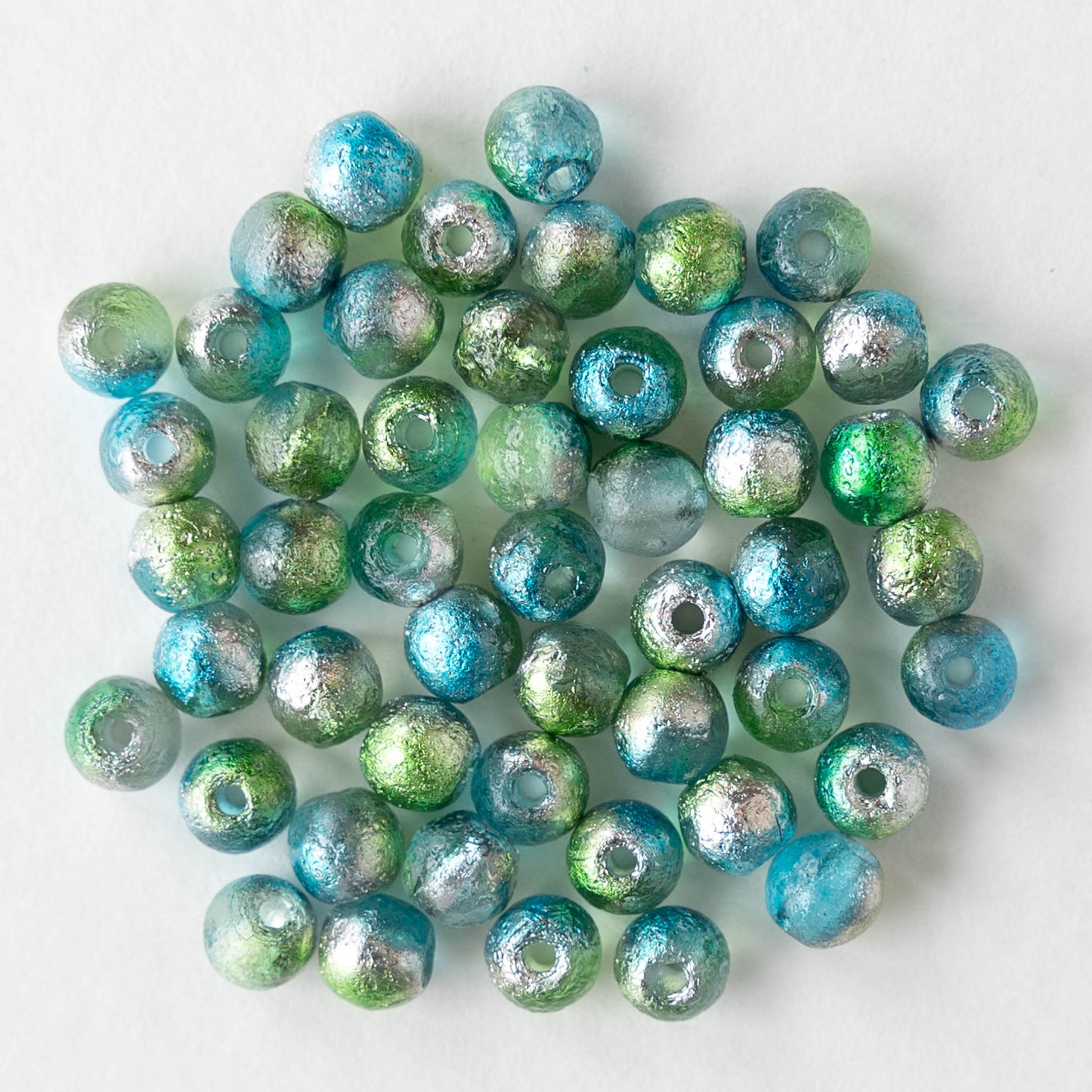 4mm Round Glass Beads - Blue Green Silver - 50 Beads