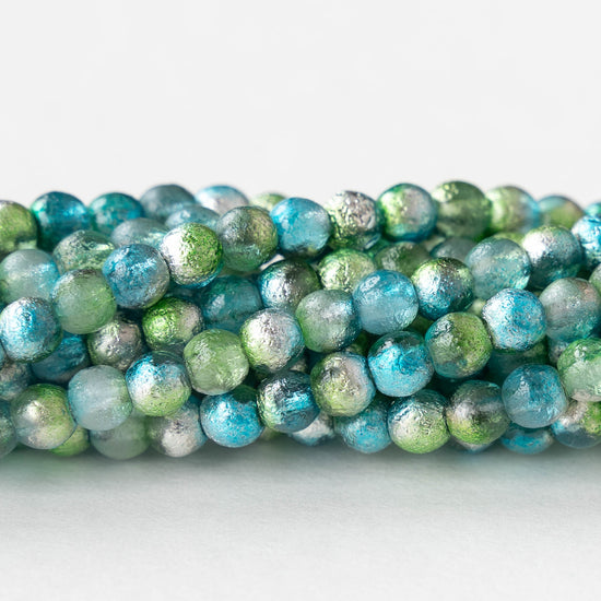 4mm Round Glass Beads - Blue Green Silver - 50 Beads