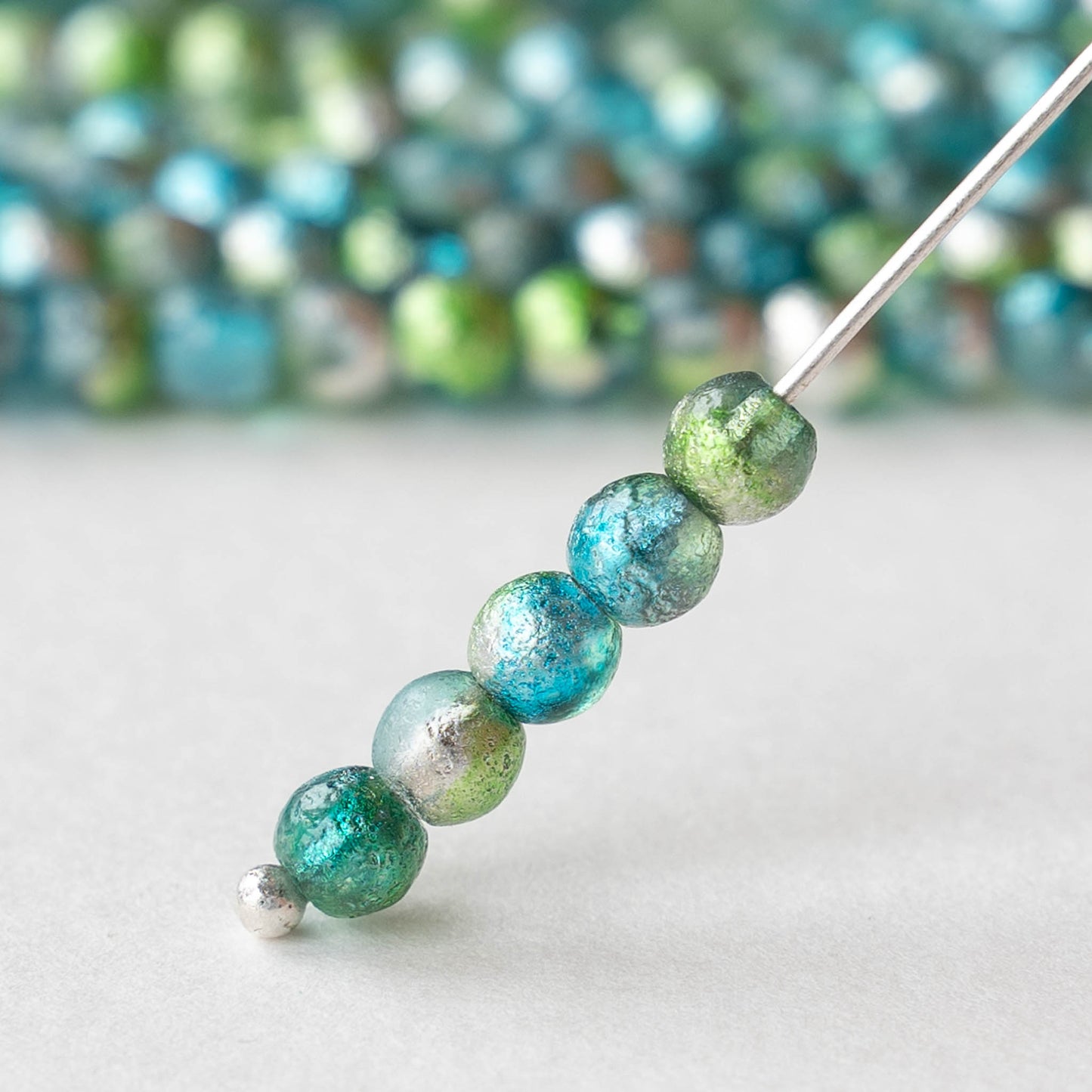 4mm Round Glass Beads - Blue Green Silver - 50 Beads