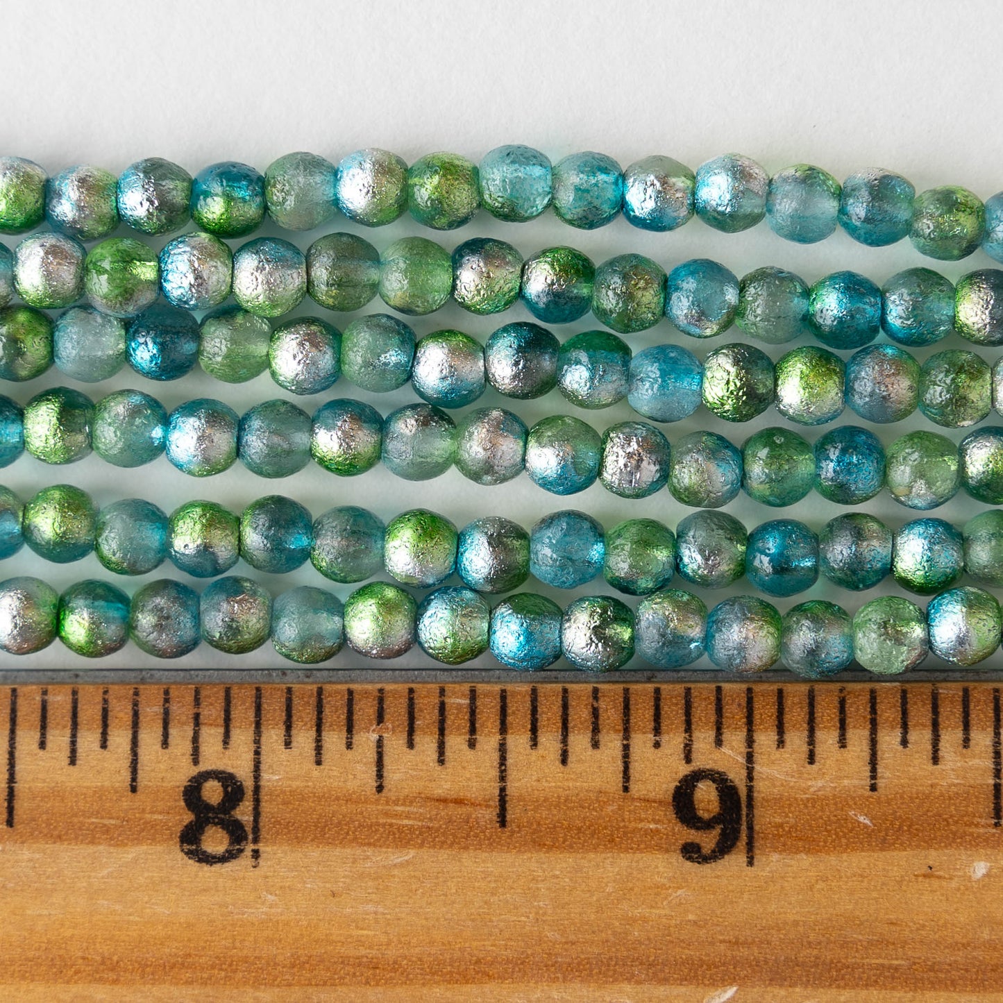 4mm Round Glass Beads - Blue Green Silver - 50 Beads