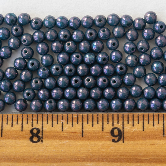 4mm Round Glass Beads - Blue with Purple Luster  - 100 Beads