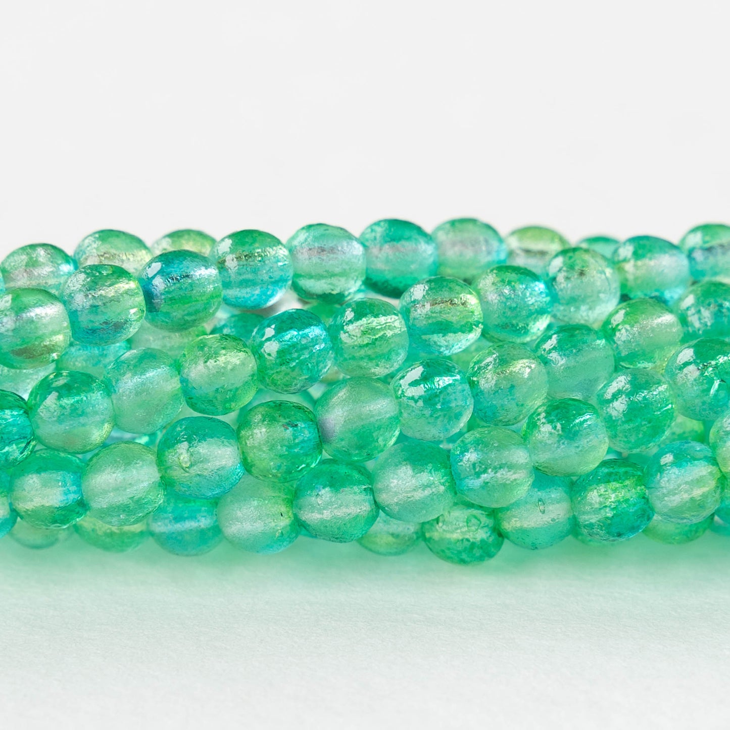 4mm Round Glass Beads - Etched Aqua Green Mix - 50 Beads