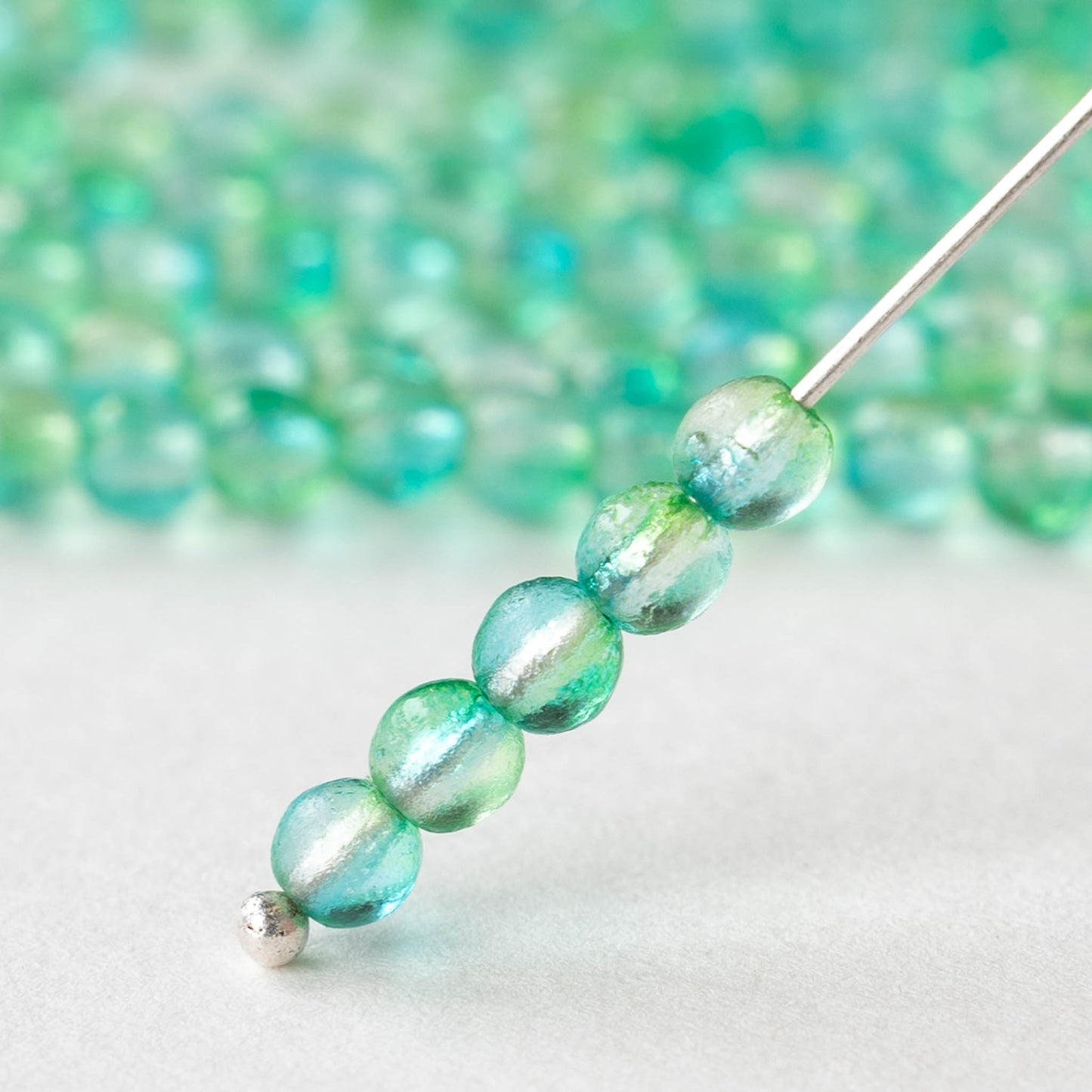 4mm Round Glass Beads - Etched Aqua Green Mix - 50 Beads