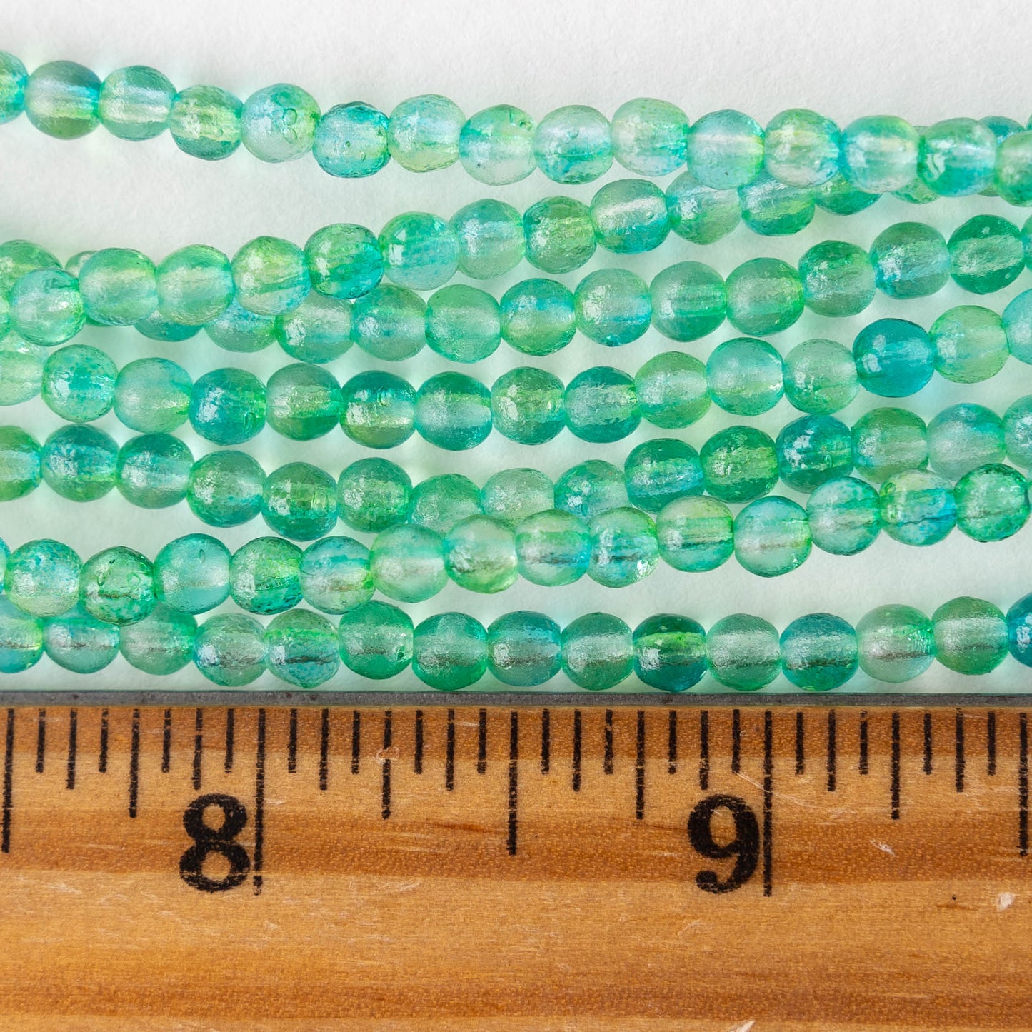 4mm Round Glass Beads - Etched Aqua Green Mix - 50 Beads