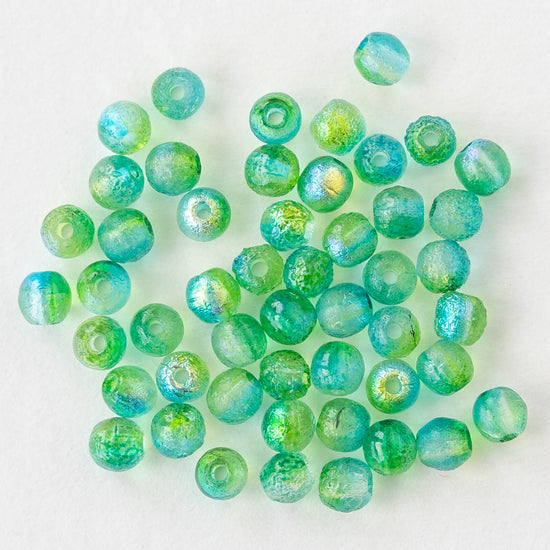 4mm Round Glass Beads - Etched Green Frost - 50 Beads