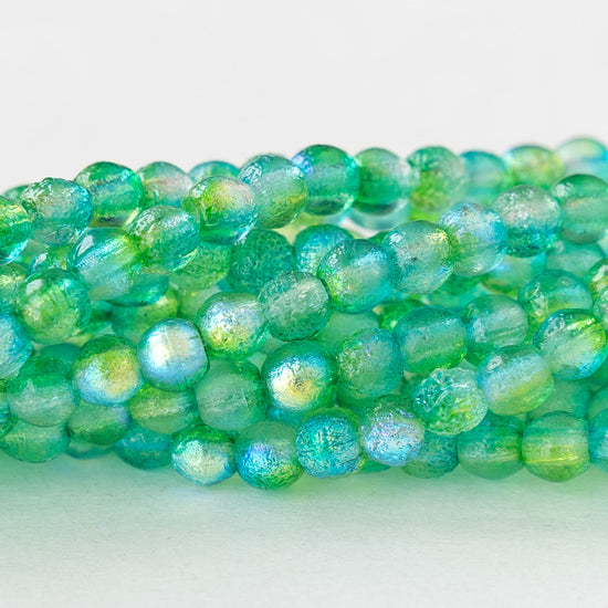 4mm Round Glass Beads - Etched Green Frost - 50 Beads