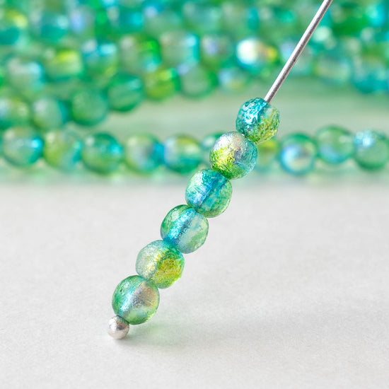 4mm Round Glass Beads - Etched Green Frost - 50 Beads