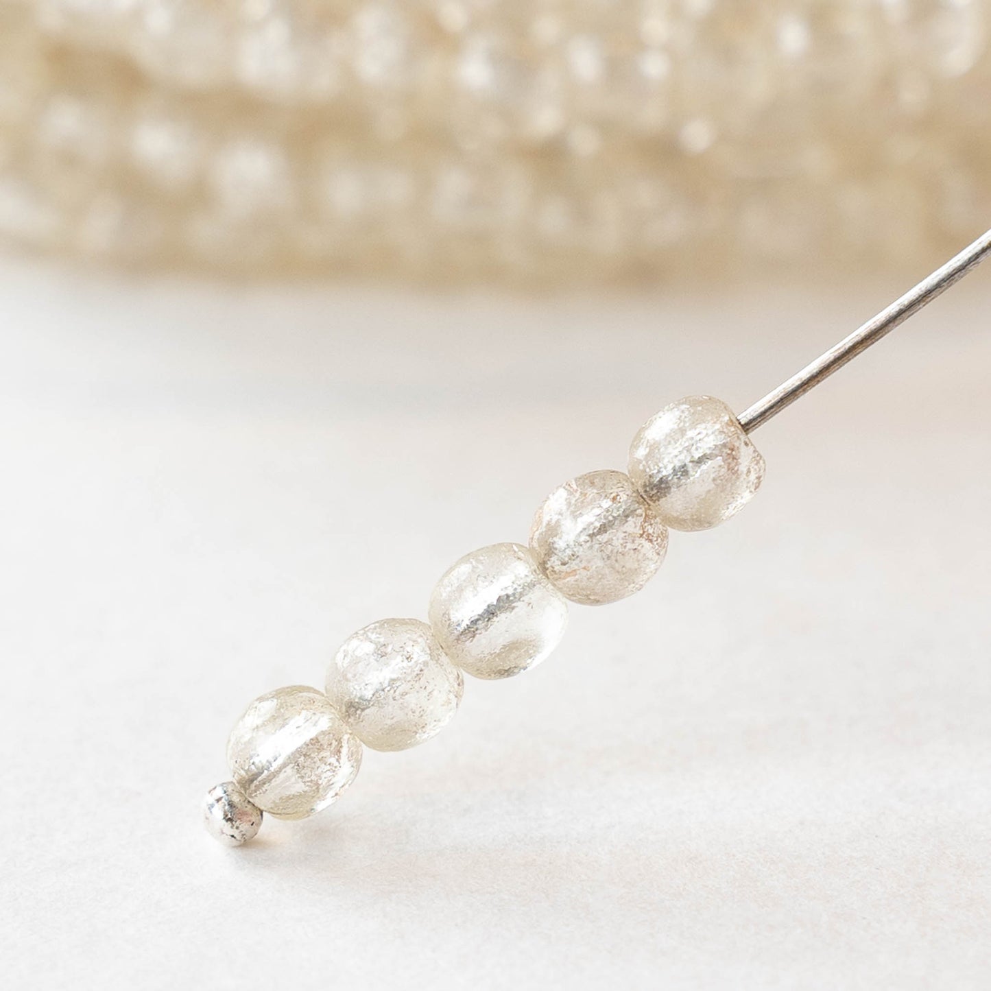 4mm Round Glass Beads - Etched Crystal with Silver Dust - 50 Beads
