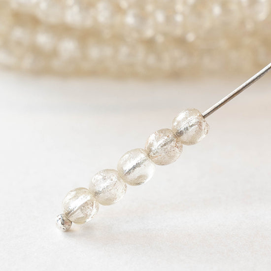 4mm Round Glass Beads - Etched Crystal with Silver Dust - 50 Beads
