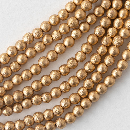 4mm Round Glass Beads - Etched Aztec Gold Matte - 50 Beads