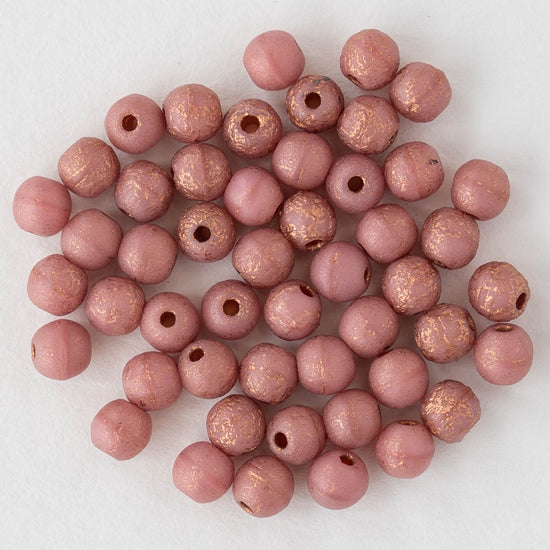 4mm Round Glass Beads - Etched Mauve - 50 Beads