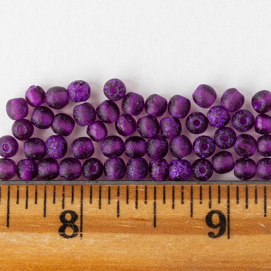 4mm Round Glass Beads - Etched Purple - 50 Beads
