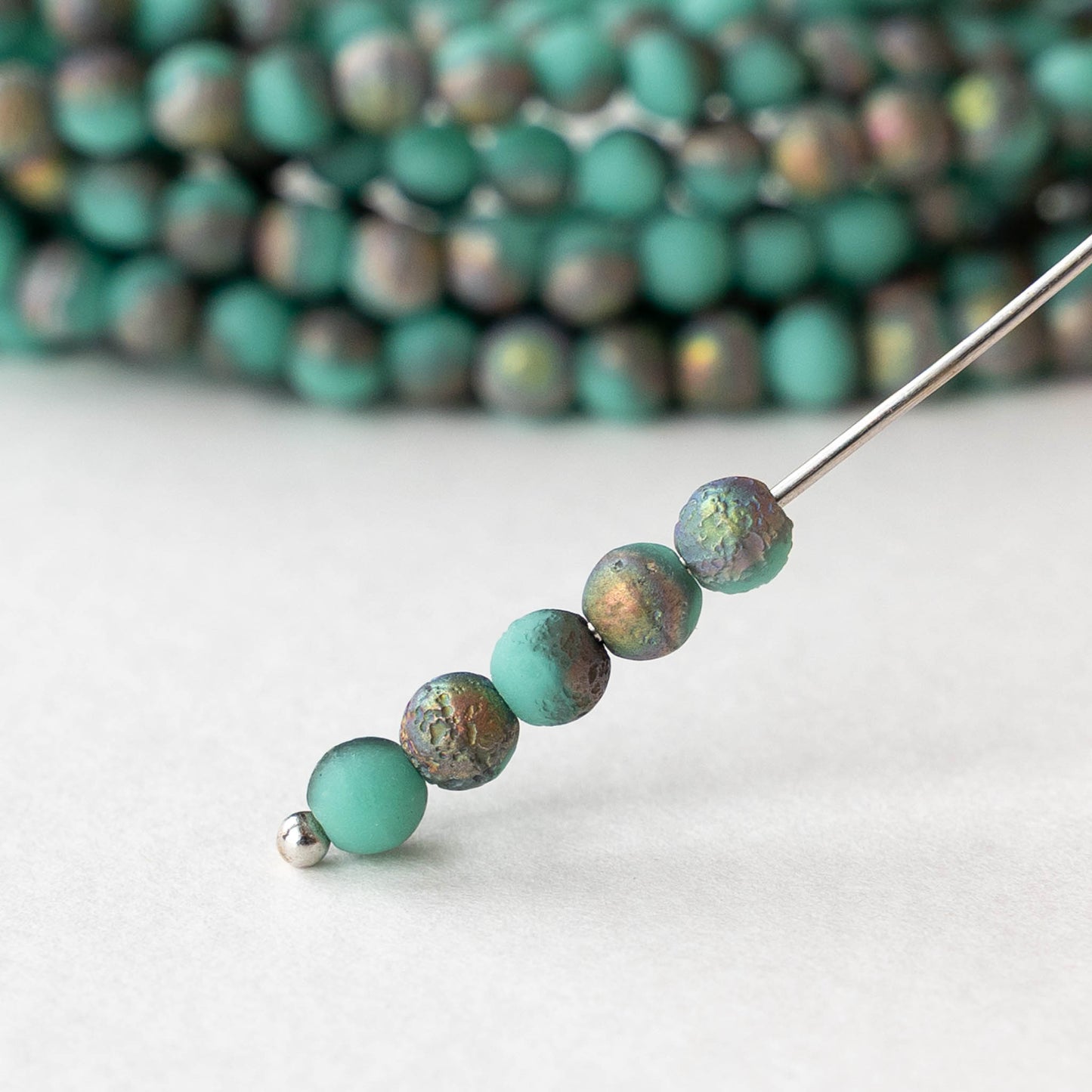 4mm Round Glass Beads - Etched Turquoise Iridescent Matte - 50 beads
