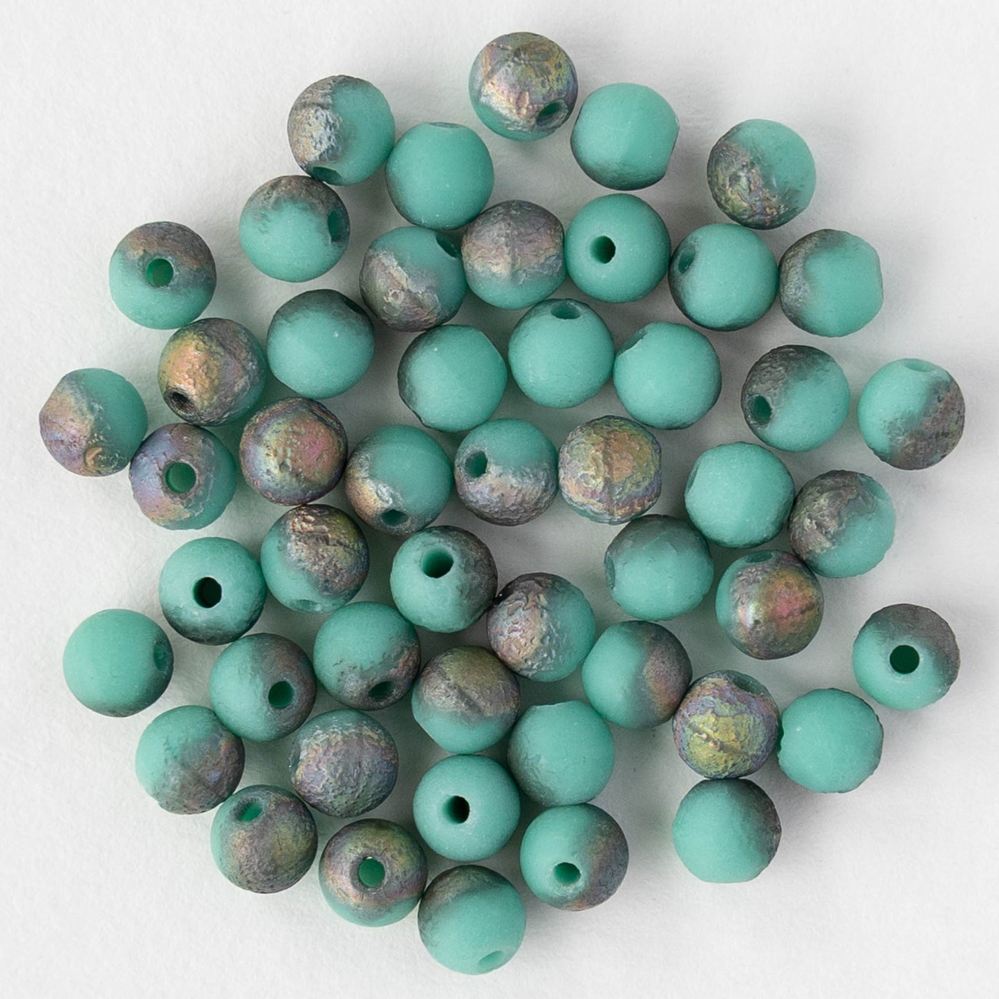 4mm Round Glass Beads - Etched Turquoise Iridescent Matte - 50 beads