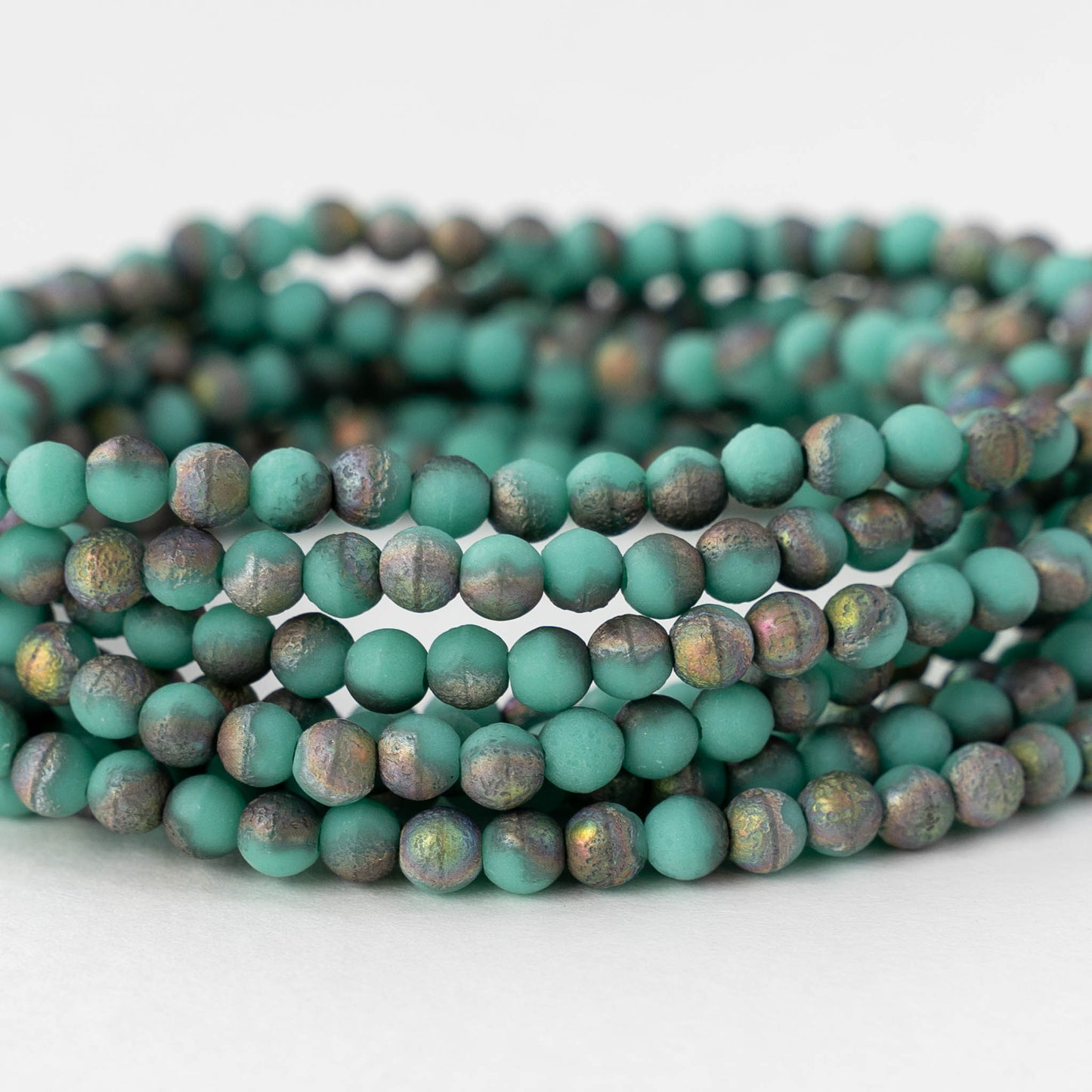 4mm Round Glass Beads - Etched Turquoise Iridescent Matte - 50 beads