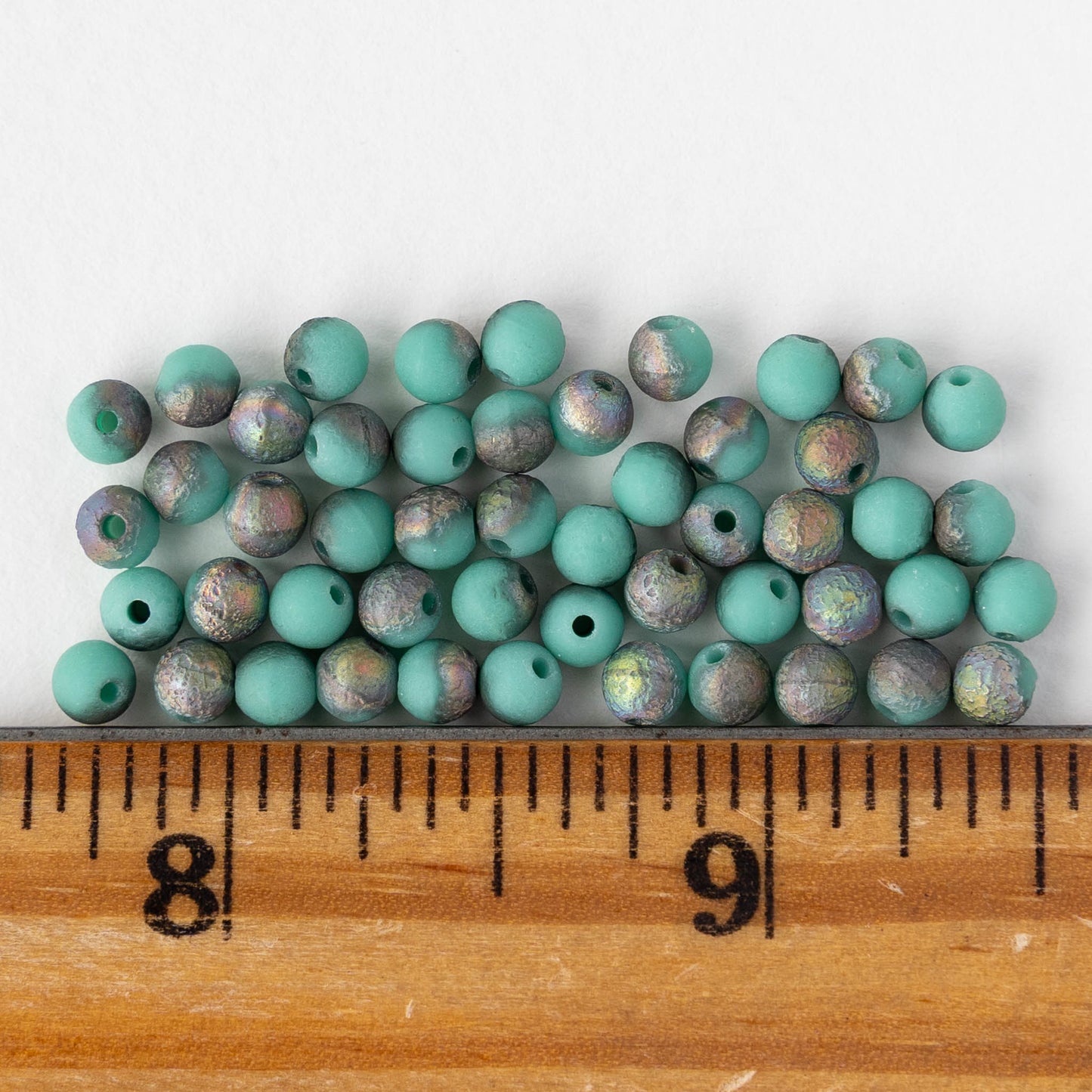 4mm Round Glass Beads - Etched Turquoise Iridescent Matte - 50 beads