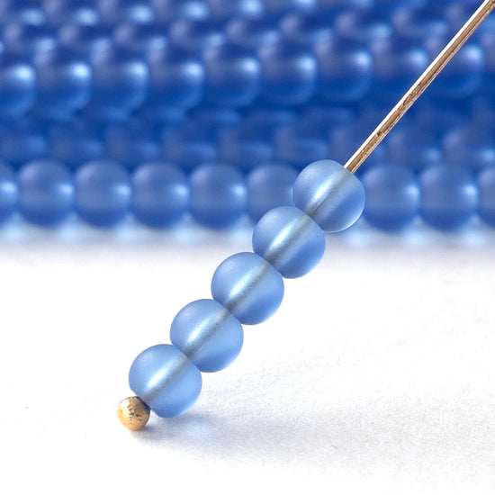 5mm Frosted Glass Rounds Beads - Sapphire Blue - 16 Inches