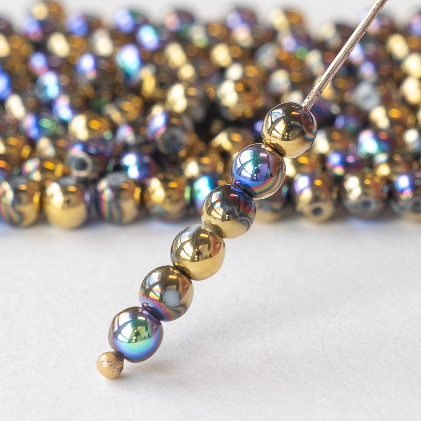 4mm Round Glass Beads - Metallic Blue Gold - 120
