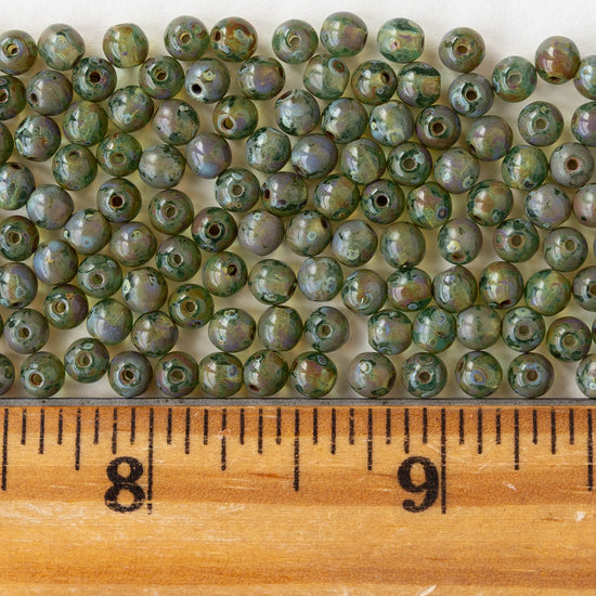 4mm Round Glass Beads - Green Purple Picasso - 100 Beads