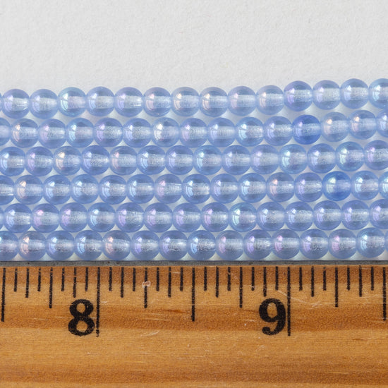 4mm Round Glass Beads - Lt Sapphire Blue AB - 100 Beads