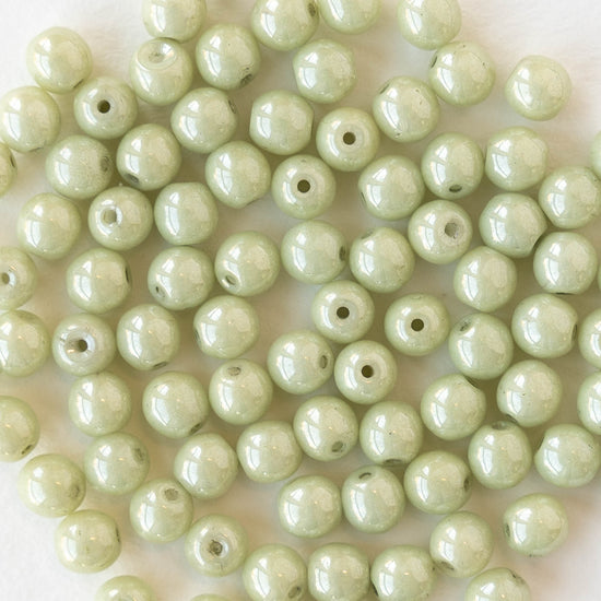 4mm Round Glass Beads - Opaque Light Green Luster - 100 Beads